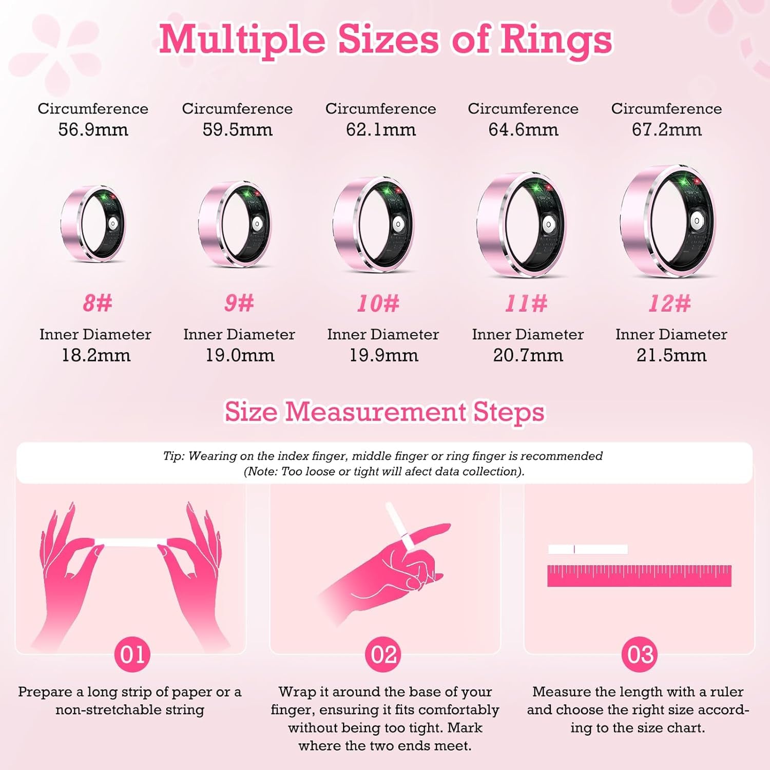 Smart Ring Health Tracker, Sleep Tracker Ring with Heart Rate, Waterproof Fitness Ring for Activity Monitoring/Steps/Distance/Calories,Air Gestures,Up to 7-Day Battery,For Ios Android (Light Pink,#10)